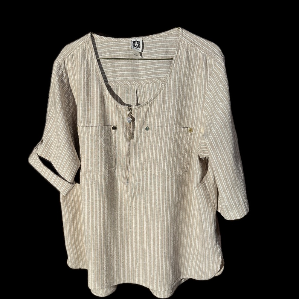 Anne Klein Linen Blouse, Beige & White with Gold Thread